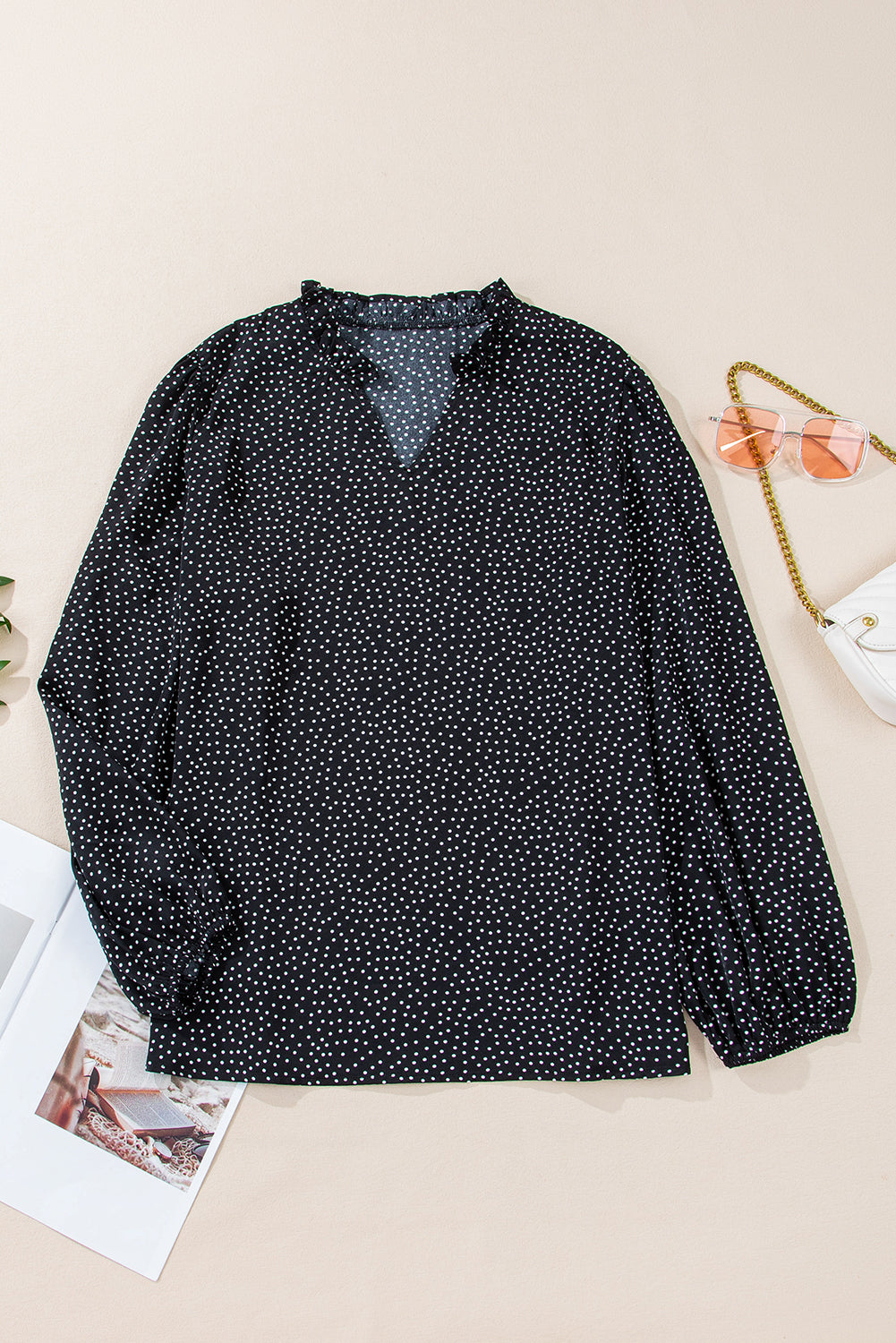 Black Leopard Print Notch V Neck Blouse