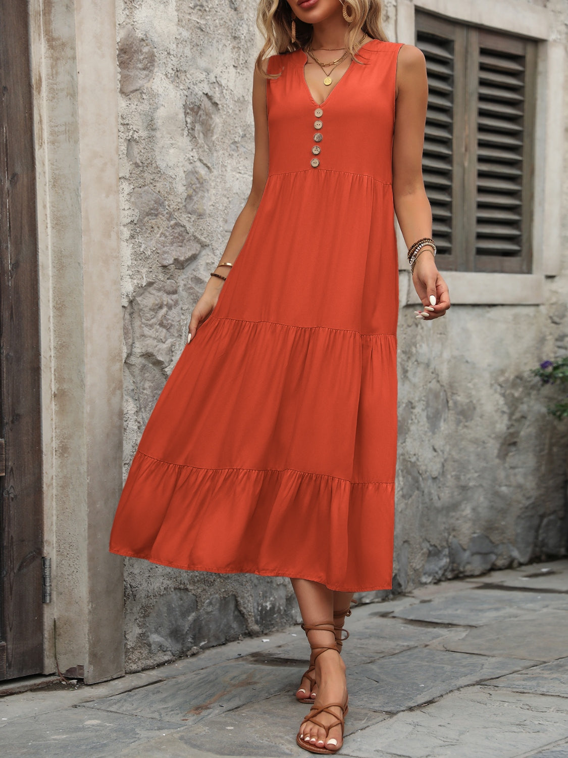 Button Notched Sleeveless Dress