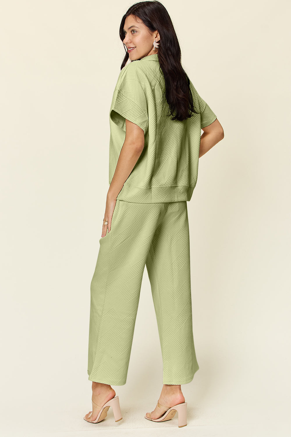 Double Texture Half Zip Short Sleeve Top and Pants Set