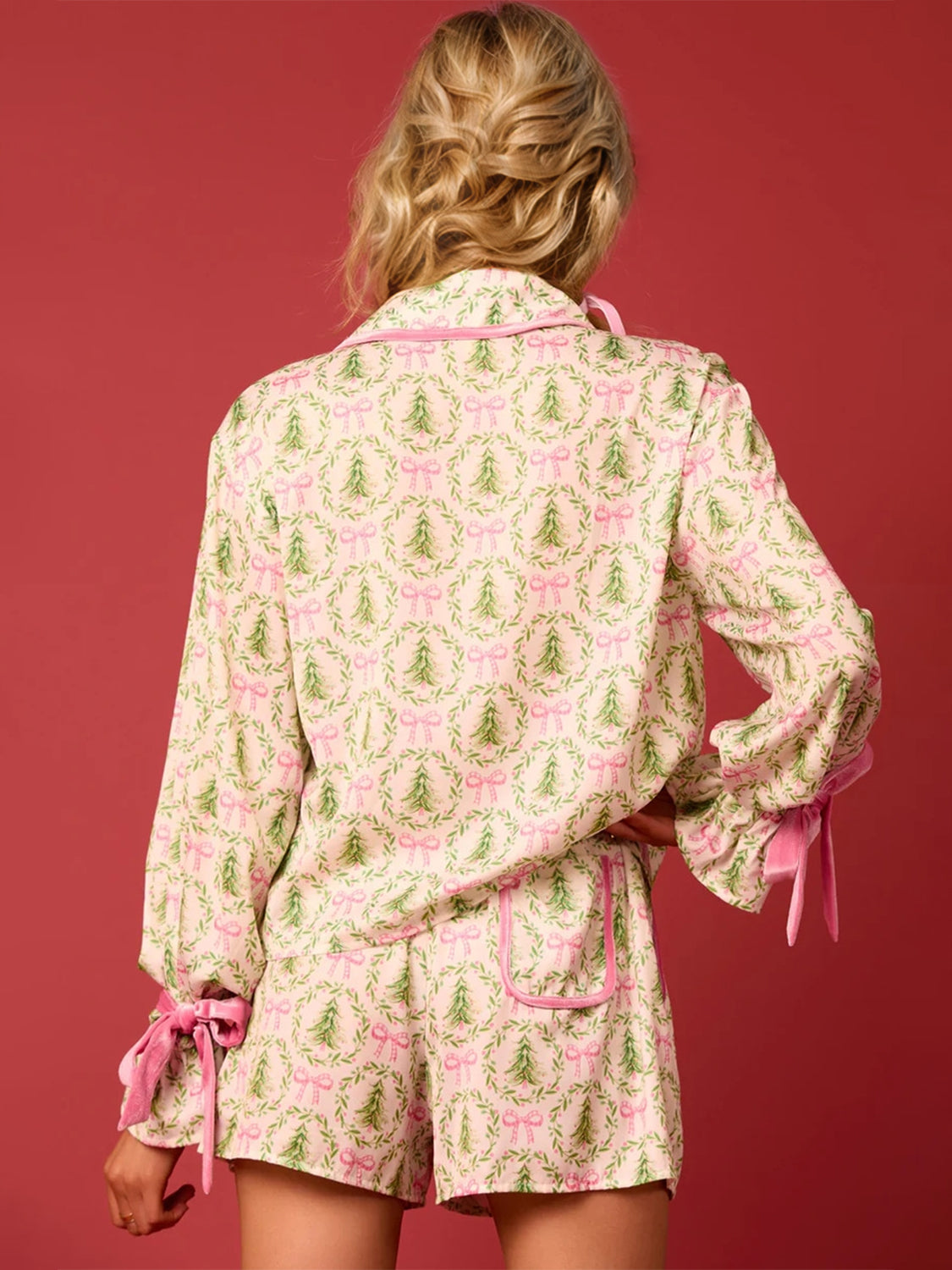 Tied Printed Collared Neck Long Sleeve Pajama Set