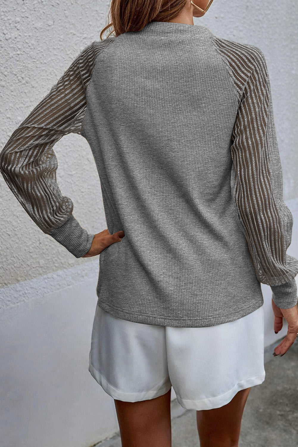 Black Striped Mesh Long Sleeve Crewneck Ribbed Top