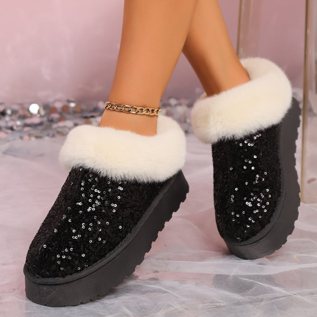 Plush Trim Sequin Platform Slip-ons