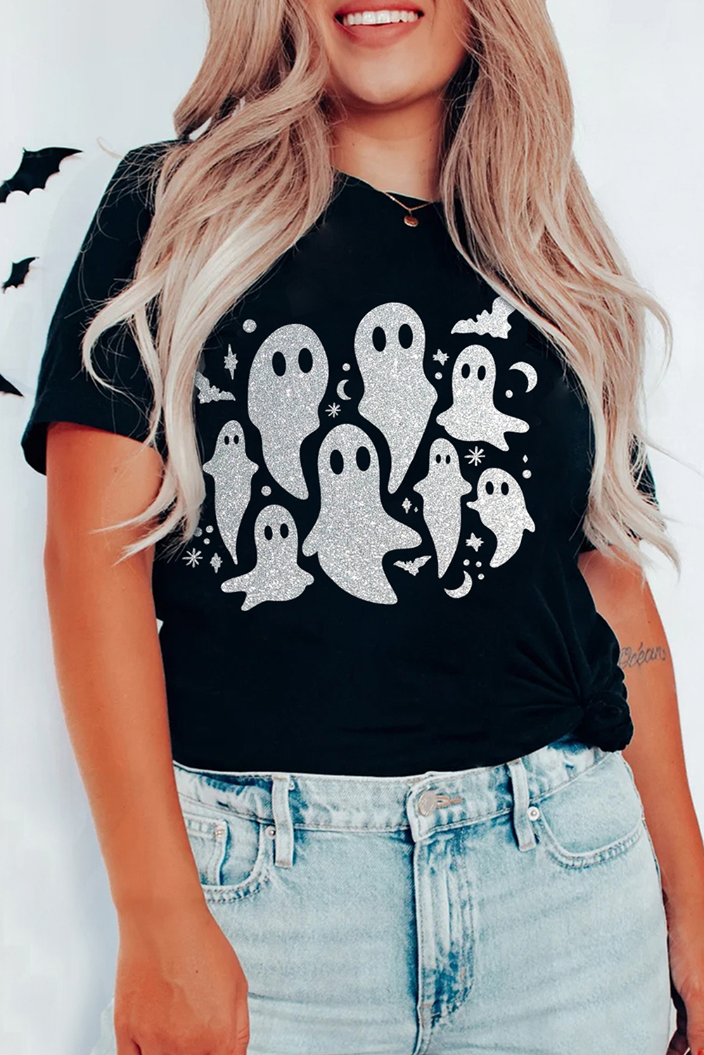 Black Halloween Glitter Ghost T Shirt