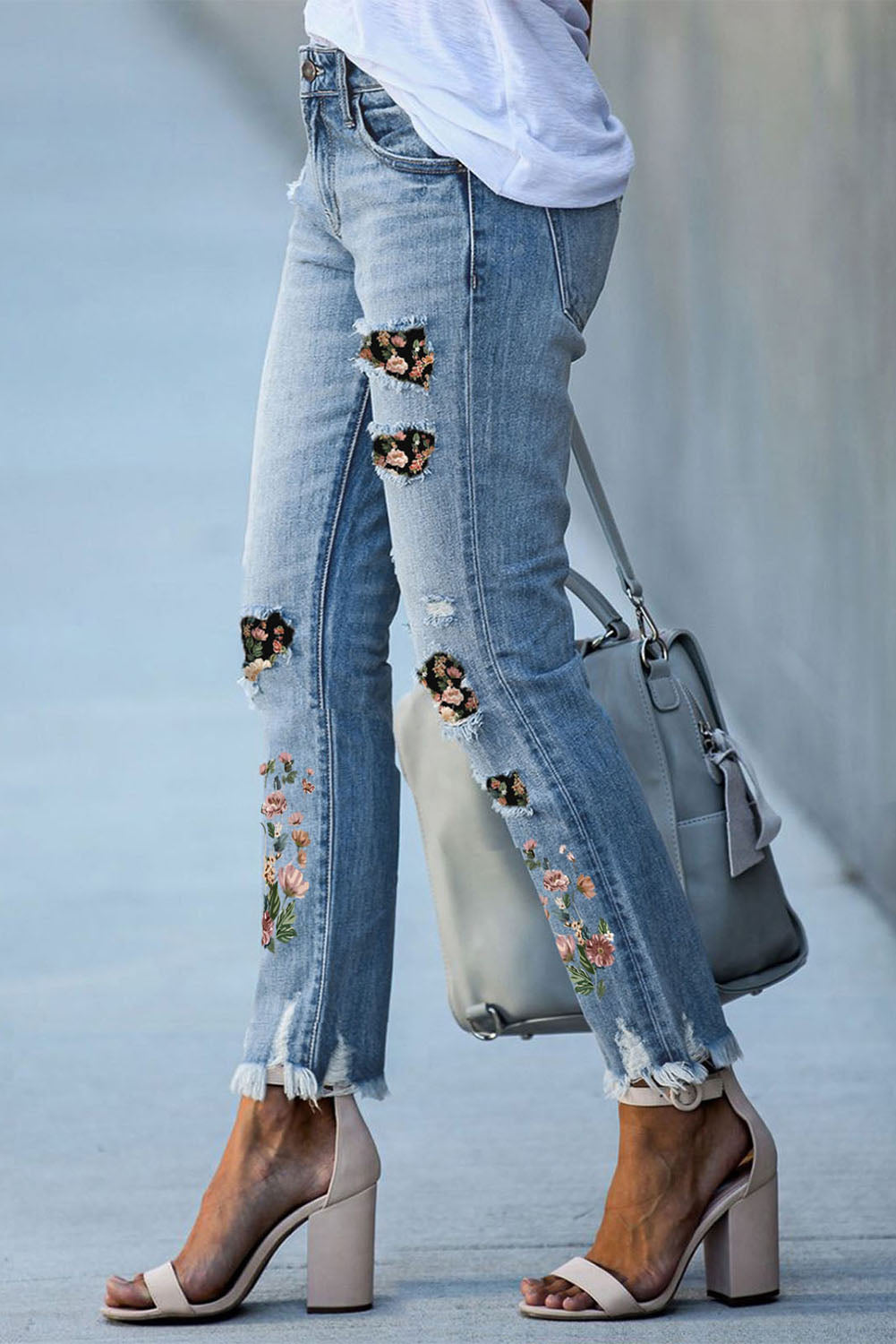 Printed Patch Ripped Skinny Jeans