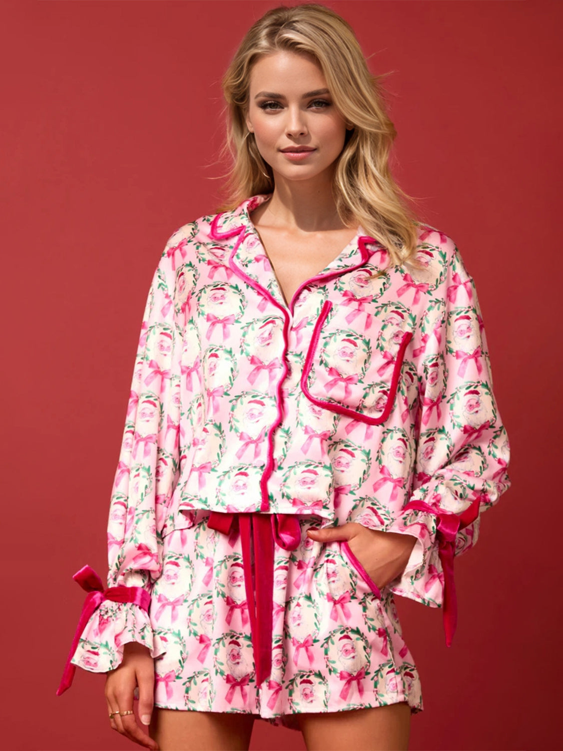 Tied Printed Collared Neck Long Sleeve Pajama Set