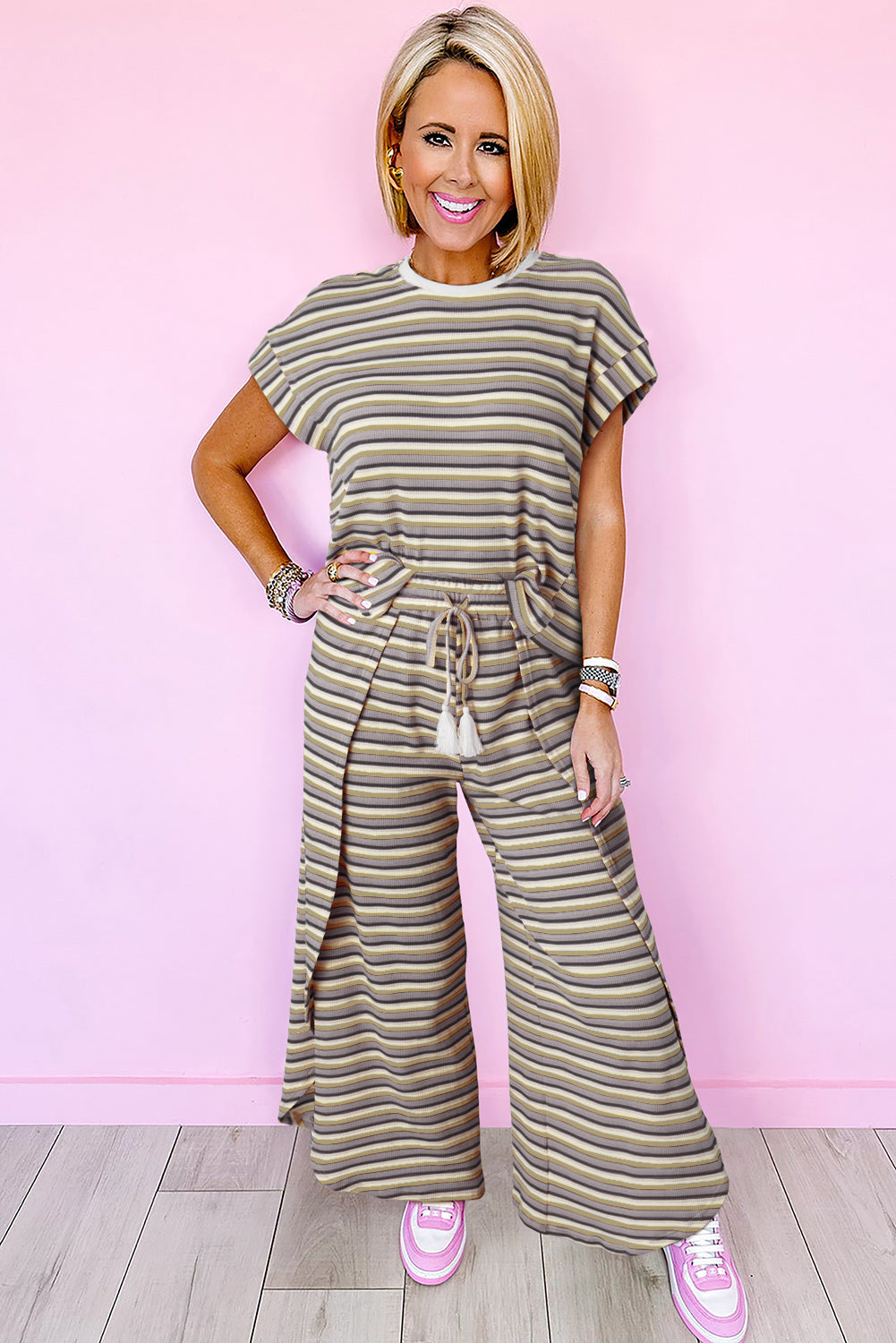 Pink Stripe Rainbow Tee Tasseled String Wide Leg Pants Set