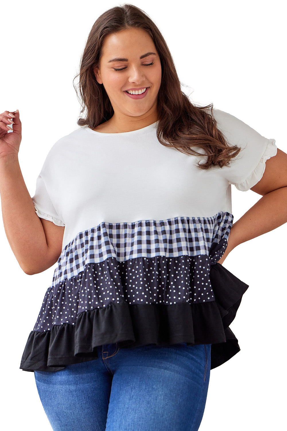 Plaid Dot Ruffled Babydoll Top