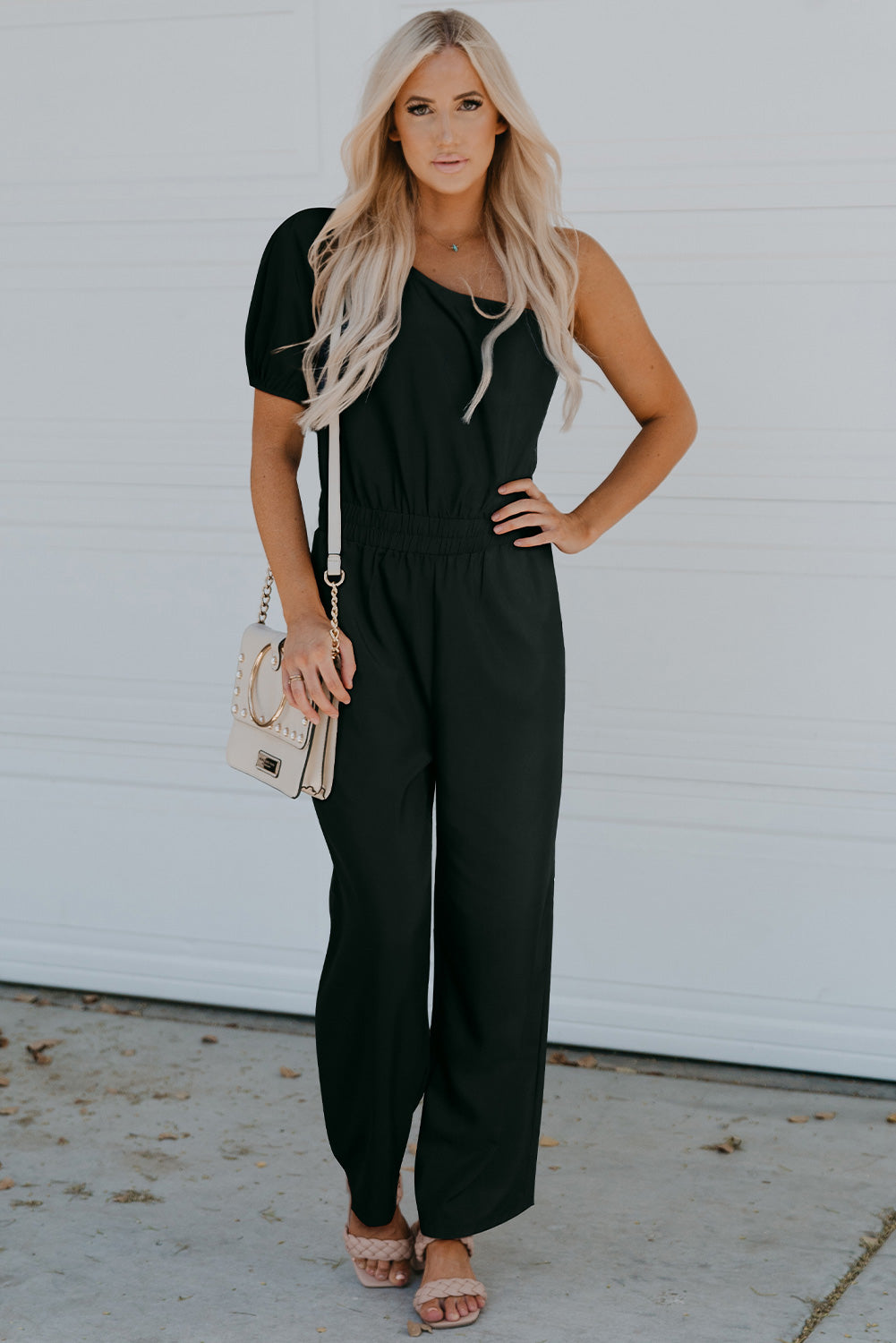 One Shoulder Puff Sleeve Elastic High Waist Jumpsuit