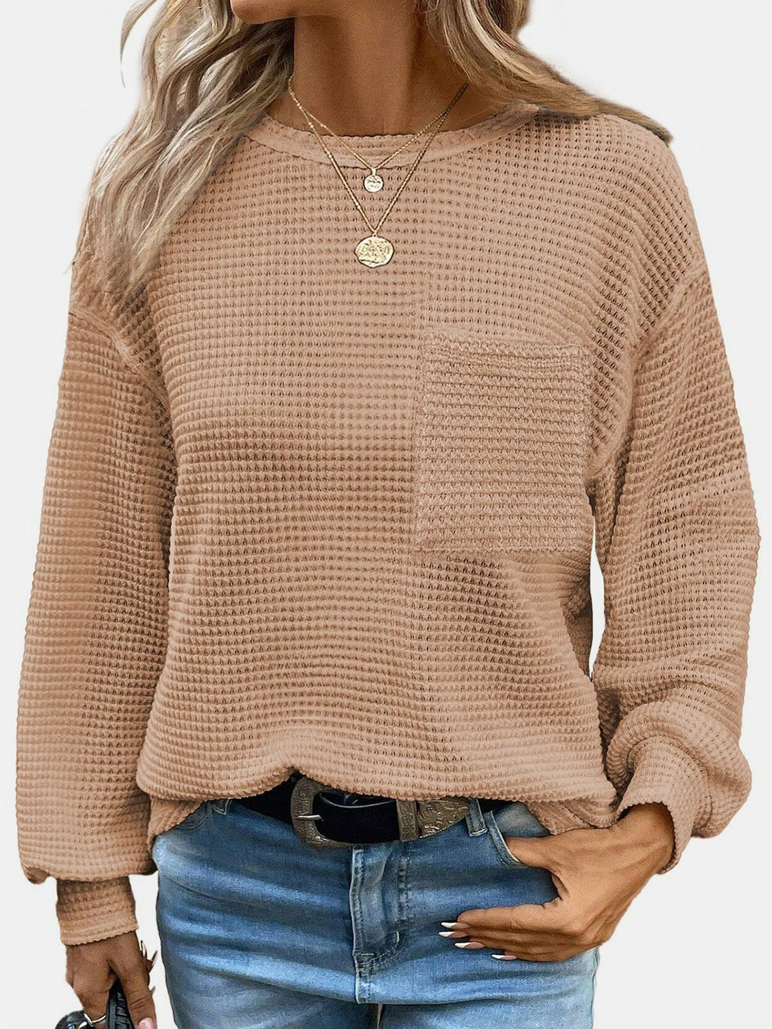 Waffle Knit Long Sleeve T-Shirt