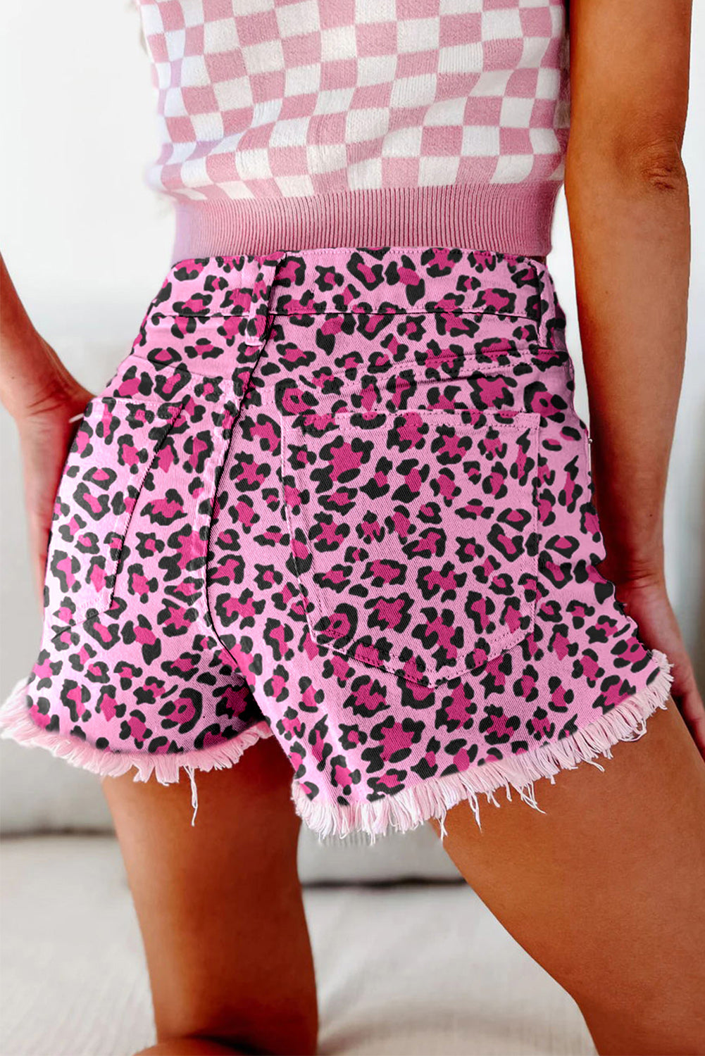 Leopard Print Raw Hem Denim Shorts