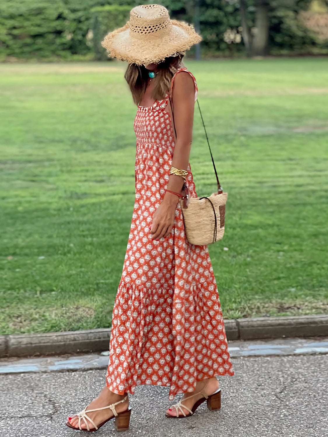 Smocked Printed Square Neck SummerDress