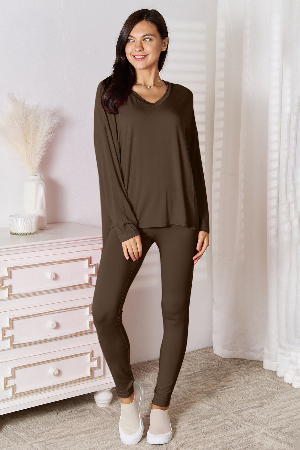 Basic V-Neck Long Sleeve Top and Pants Lounge Set