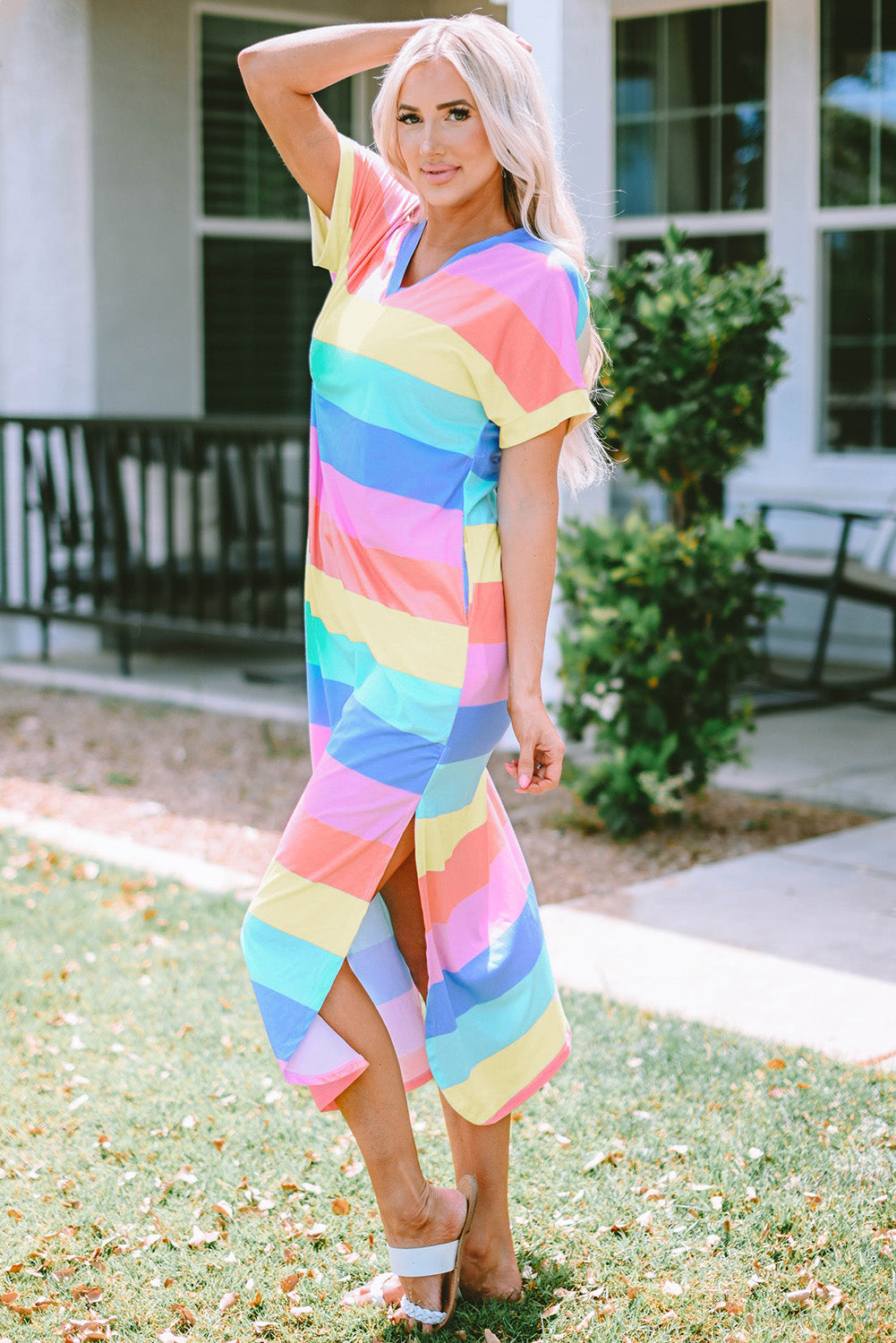 Multicolor Colorblock Pocketed V Neck T-shirt Dress