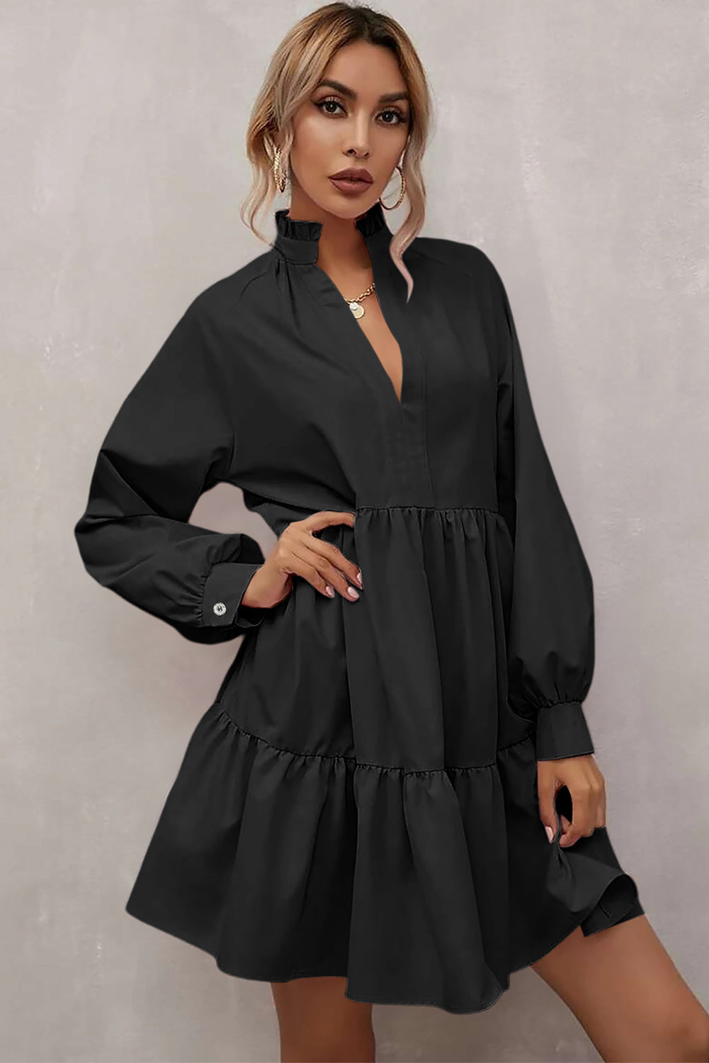 Black Long Sleeve Ruffle Dress