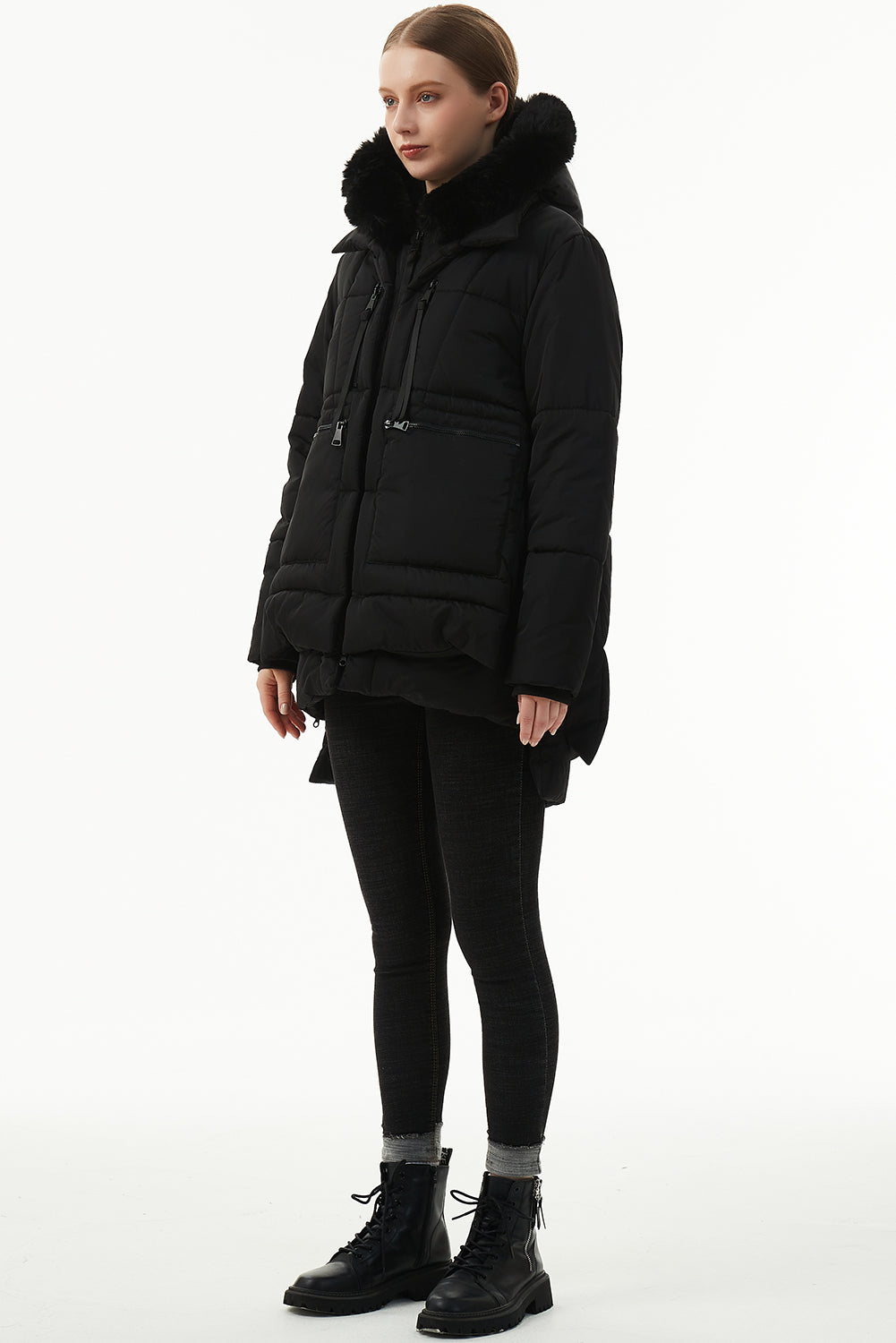 Black Plush Linen Hooded Puffer Coat