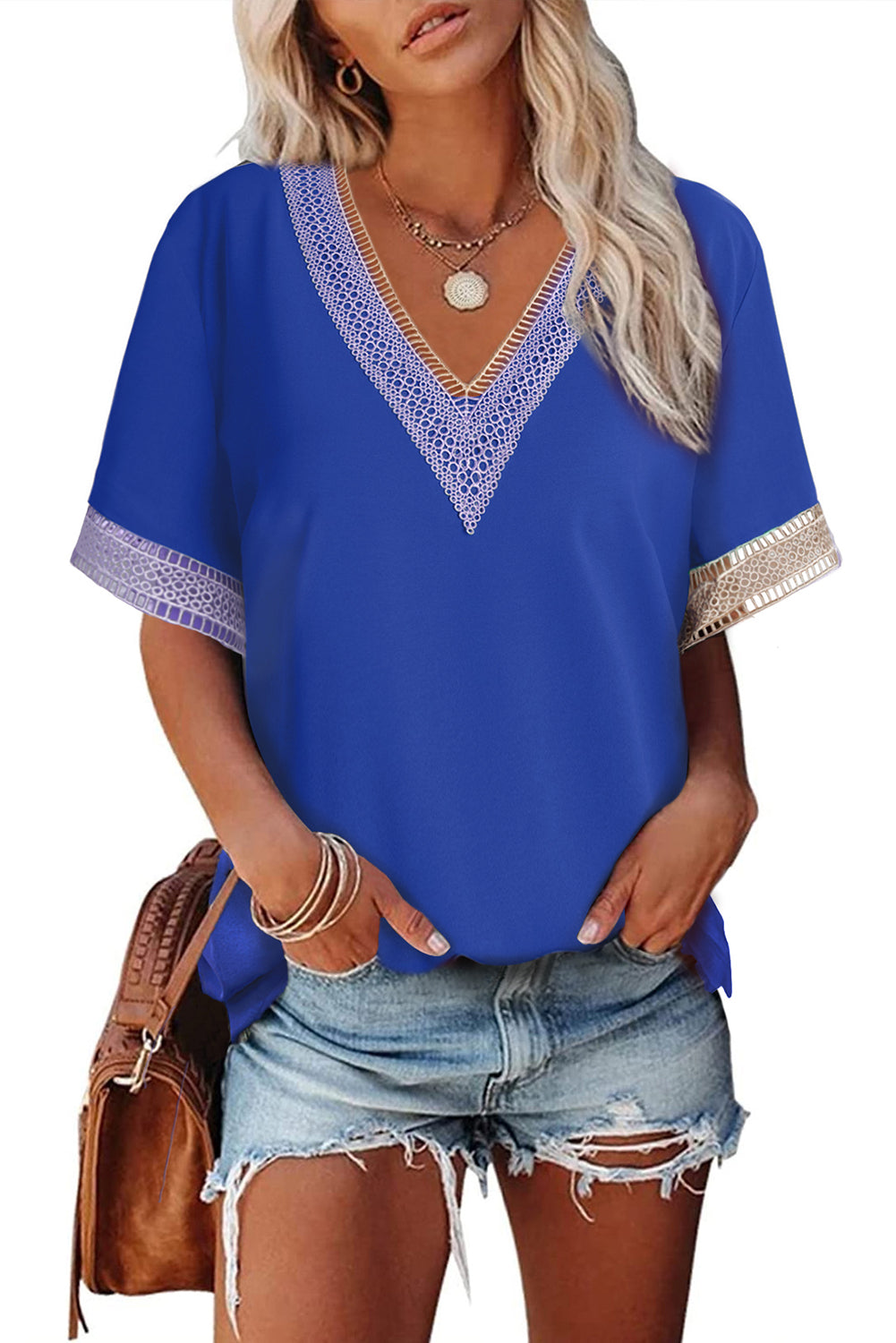 Lace Trim V Neck Short Sleeve Blouse