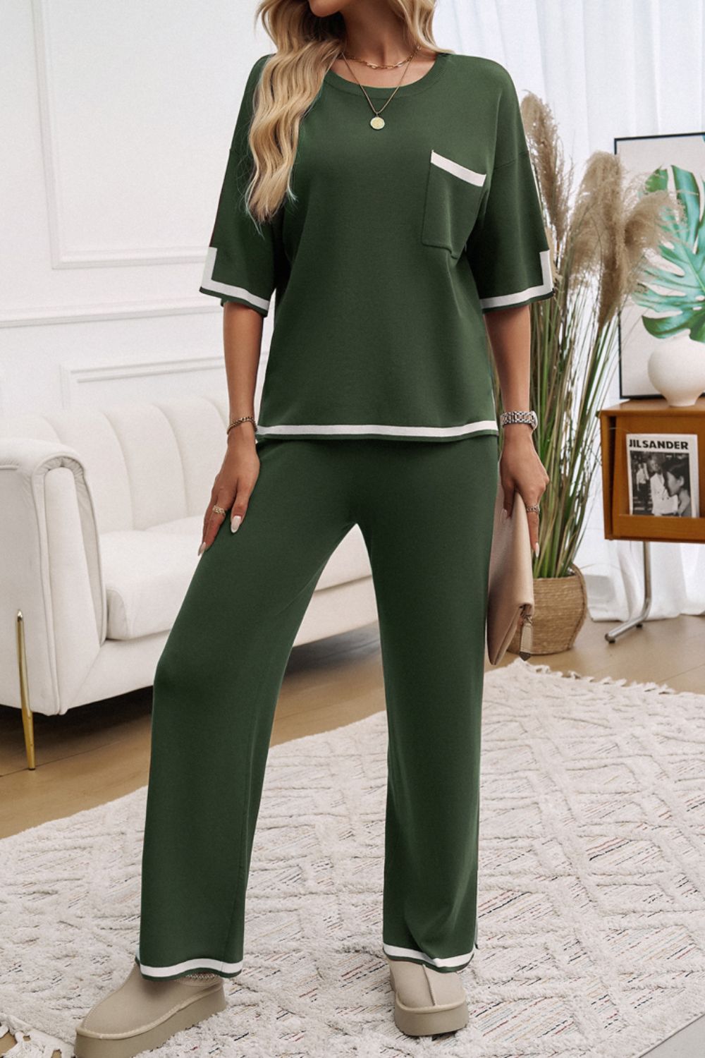 Pocketed Half Sleeve Top and Pants Set