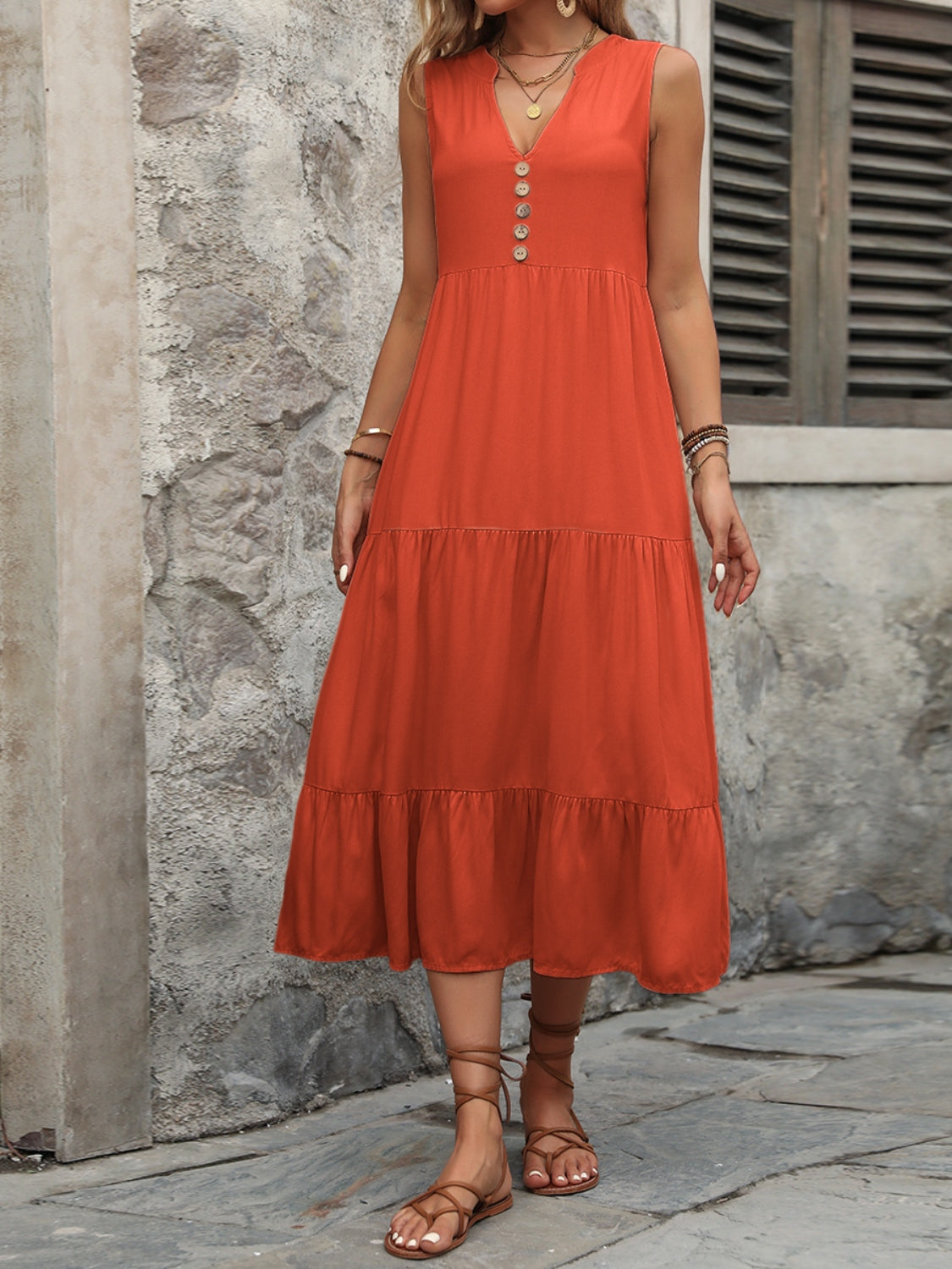 Button Notched Sleeveless Dress