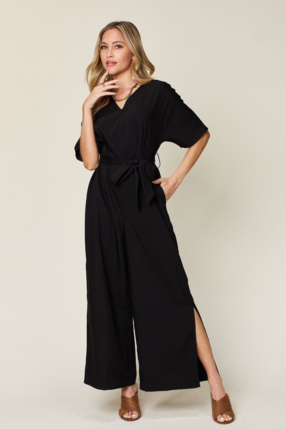 V-Neck Tied Side Slit Jumpsuit