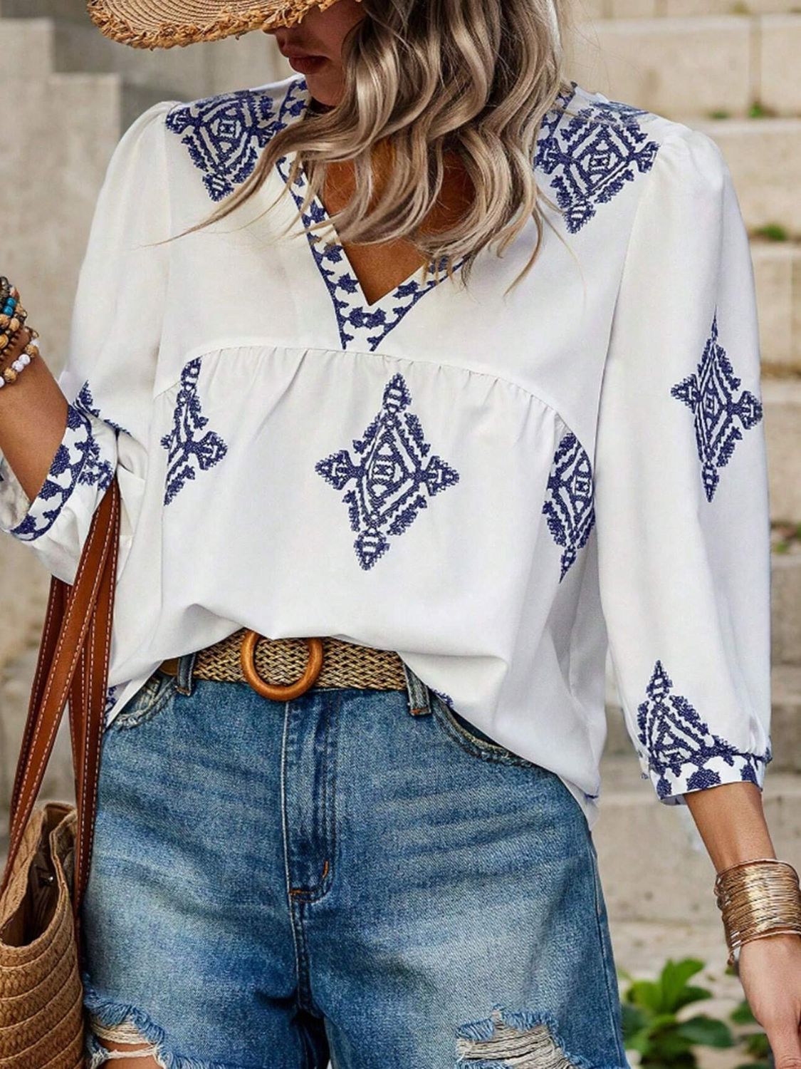 Printed V-Neck Three-Quarter Sleeve Blouse