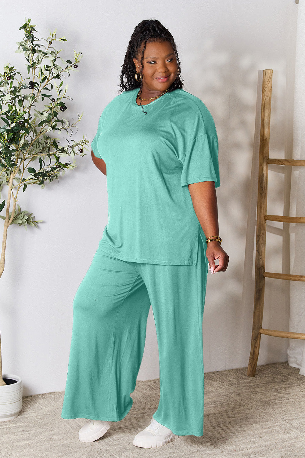 Double Take  Round Neck Slit Top and Pants Set