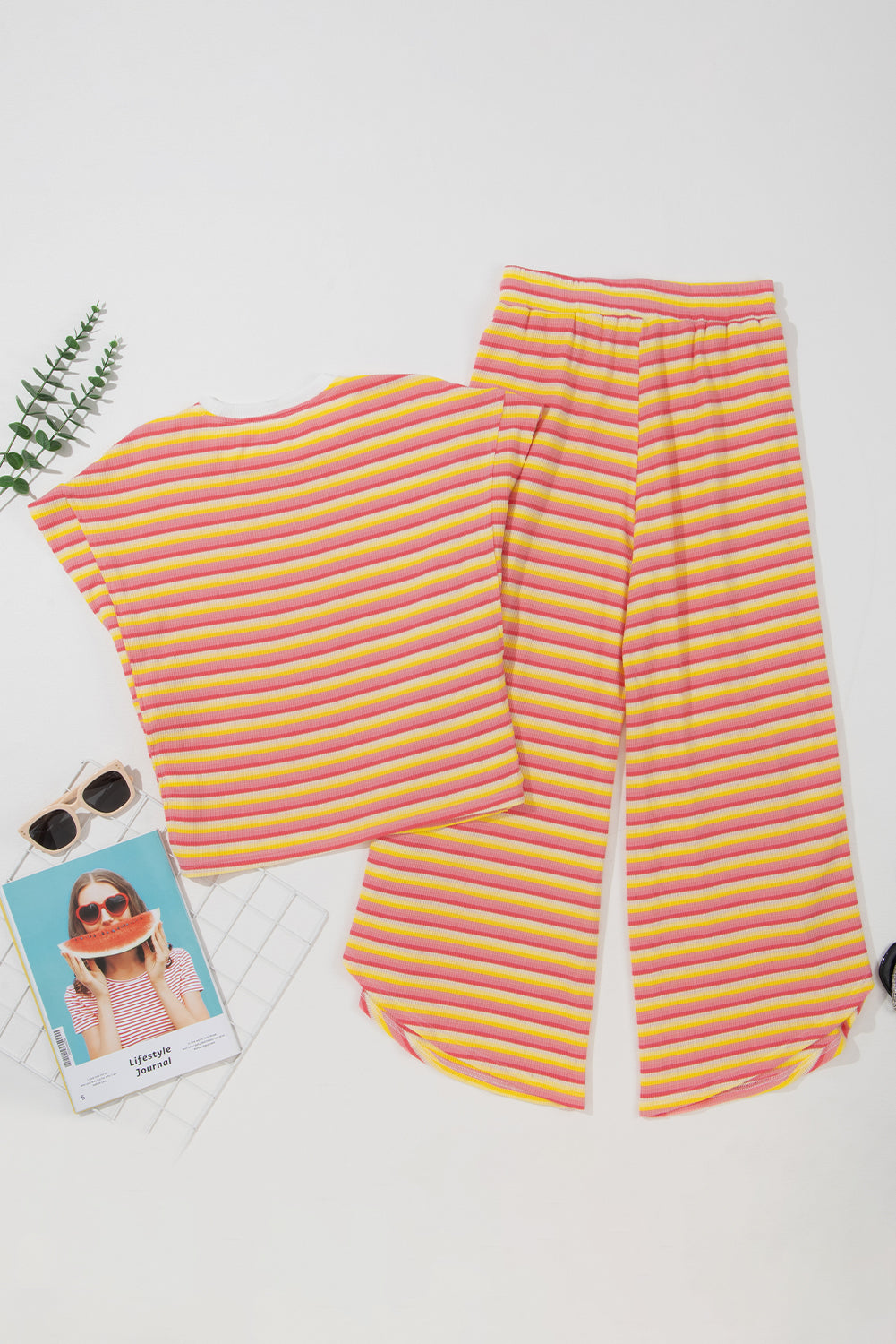 Pink Stripe Rainbow Tee Tasseled String Wide Leg Pants Set