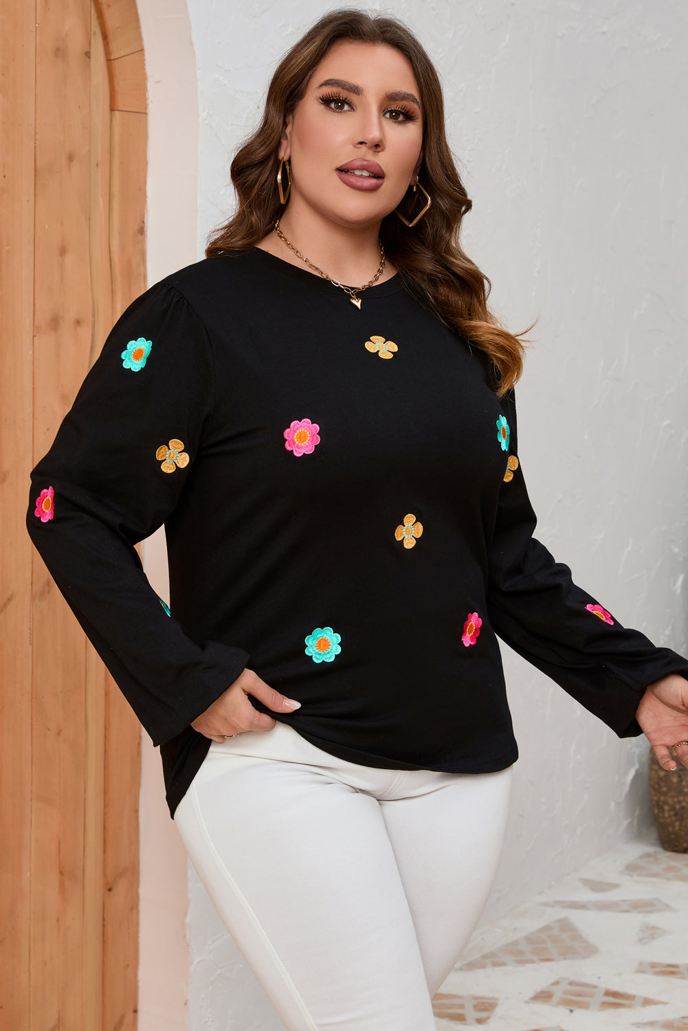 Flower Embroidered Puff Sleeve Top