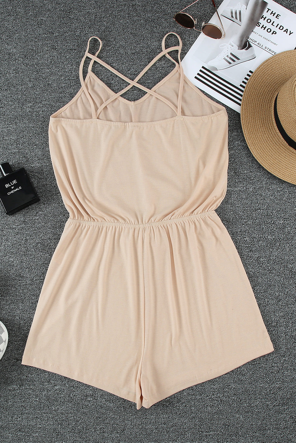 Khaki Spaghetti Straps V Neck Crisscross Back Romper