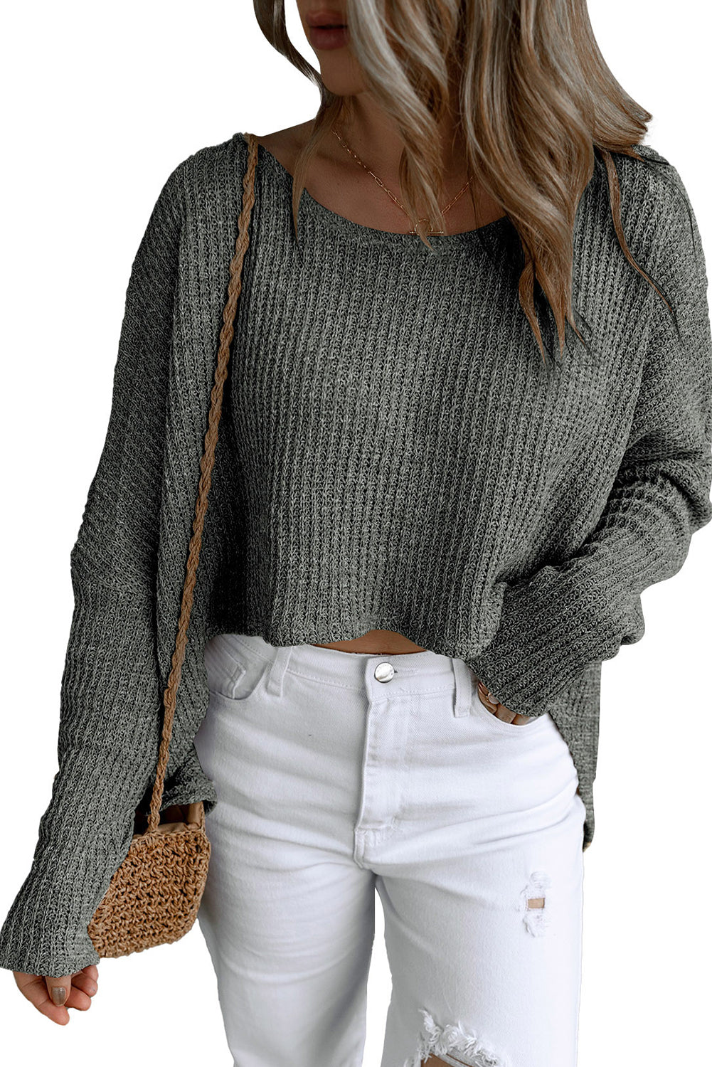 Gray Slouchy Dolman Sleeve High Low Sweater