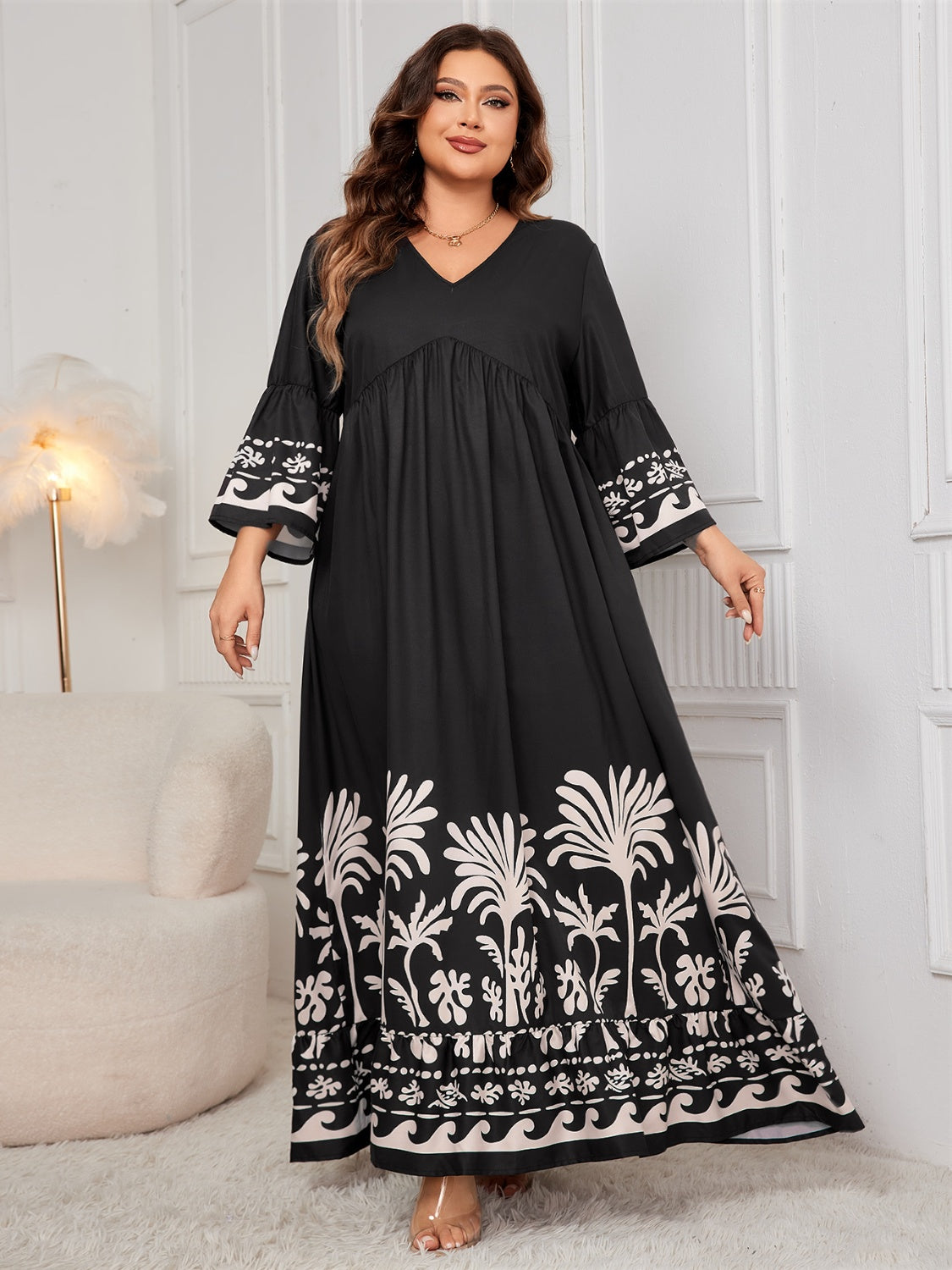 Printed V-Neck Long Sleeve Maxi Dress