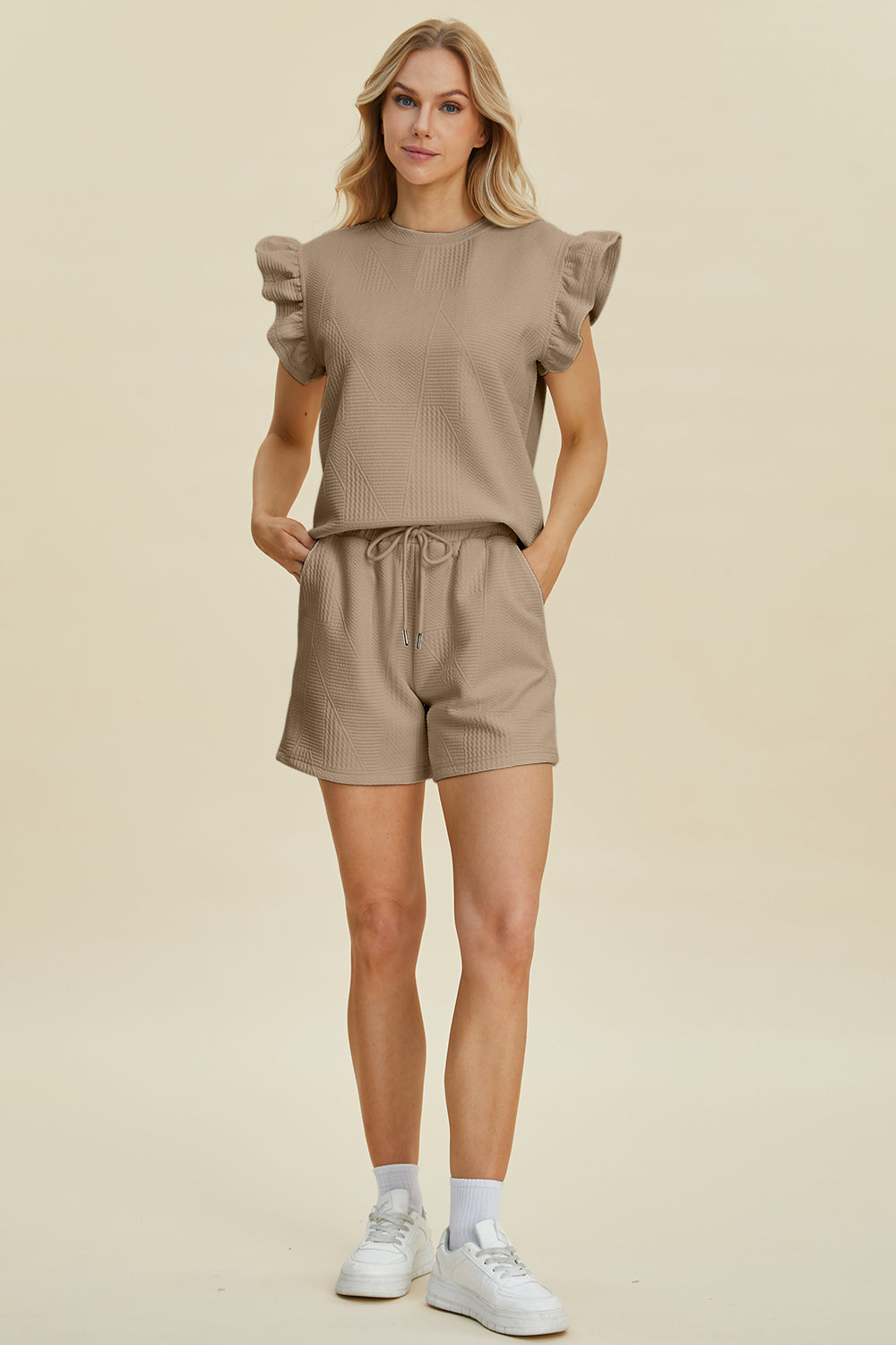 Texture Round Neck Ruffle Sleeve Top and Shorts Set