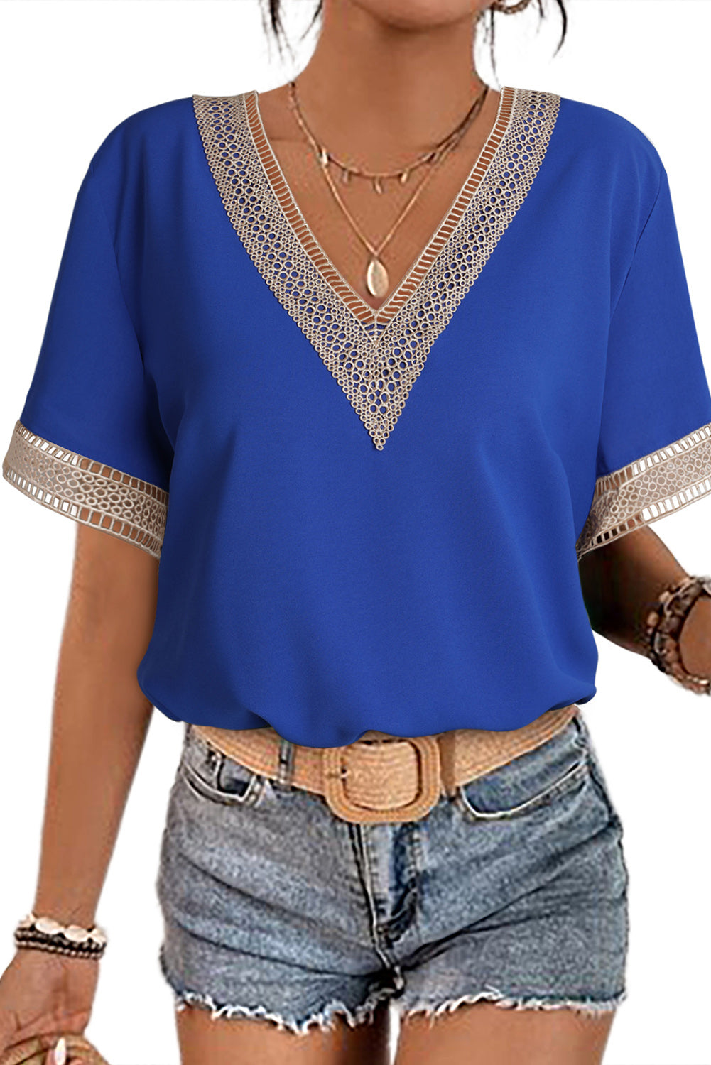 Lace Trim V Neck Short Sleeve Blouse