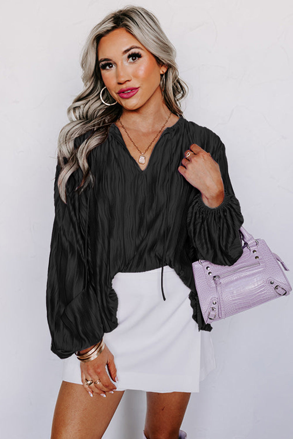 Black Textured Bubble Sleeve Loose Blouse