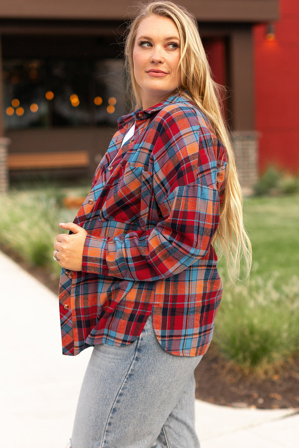 Orange Plaid Print Buttoned Shirt