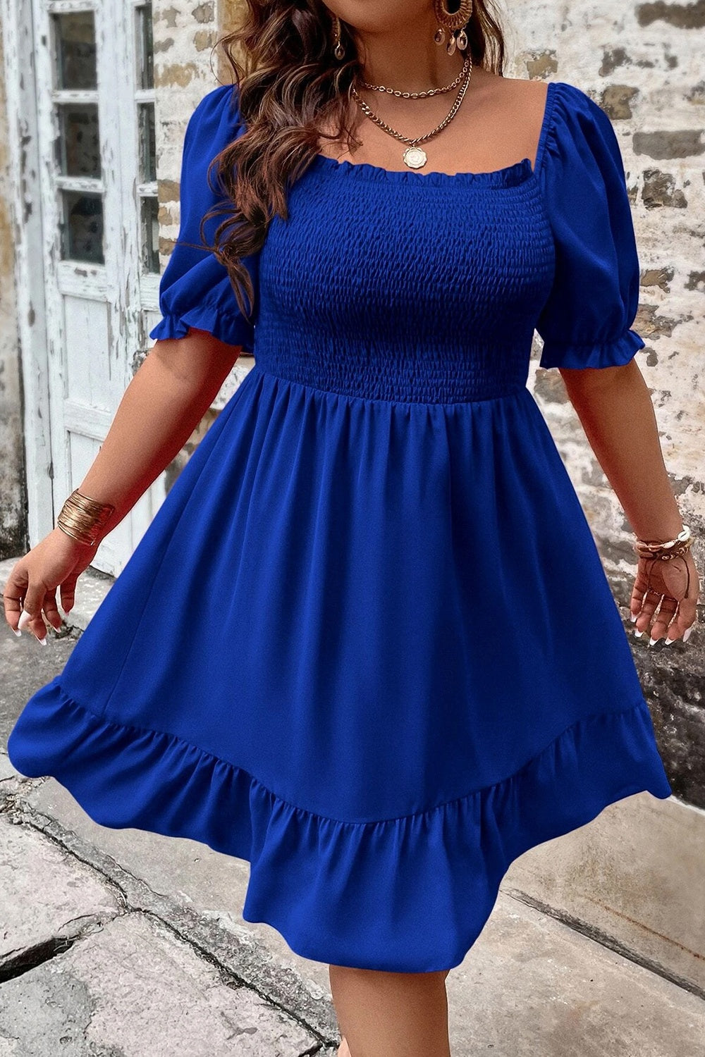 Smocked Square Neck Short Sleeve Dress