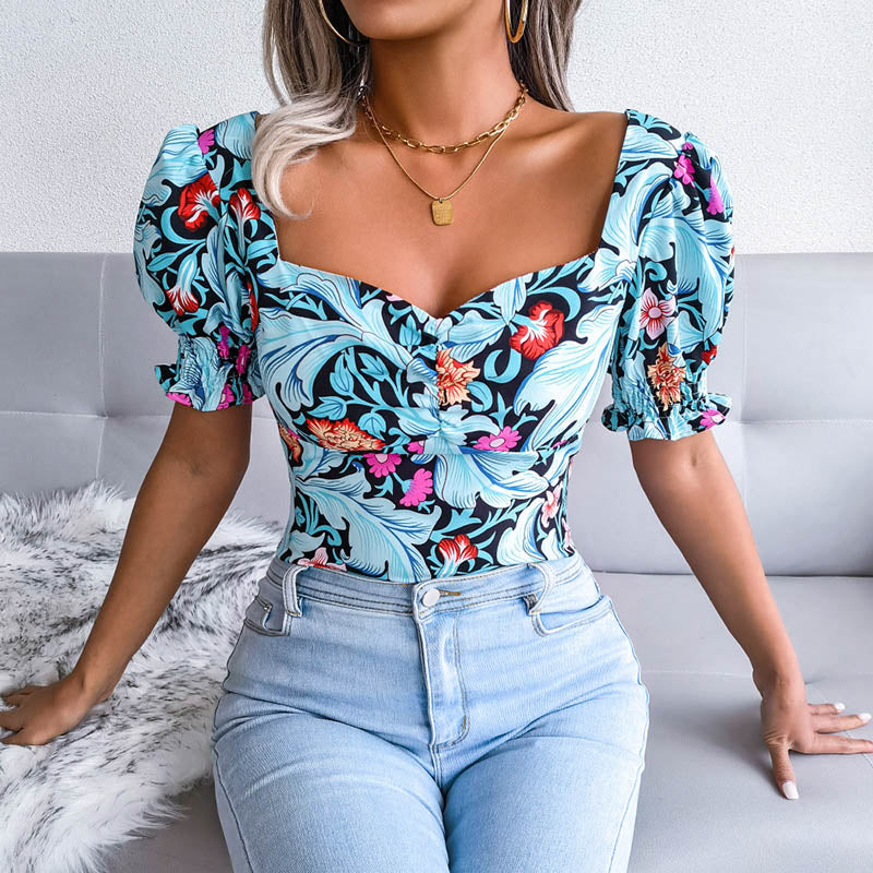 Square Collar Floral Printed Chiffon Tops