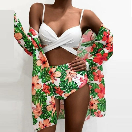 Sexy Three Piece Bikini Sets Women Summer Strap Bra + Cardigan Tops