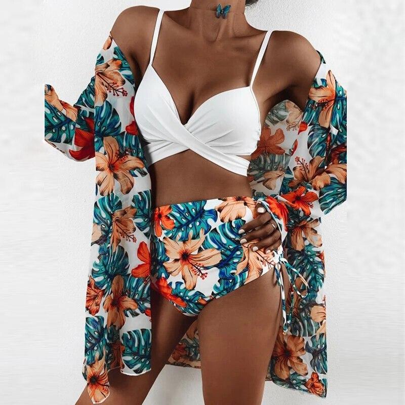 Sexy Three Piece Bikini Sets Women Summer Strap Bra + Cardigan Tops