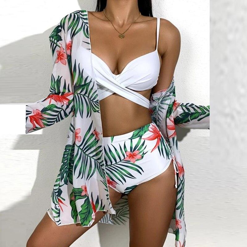 Sexy Three Piece Bikini Sets Women Summer Strap Bra + Cardigan Tops