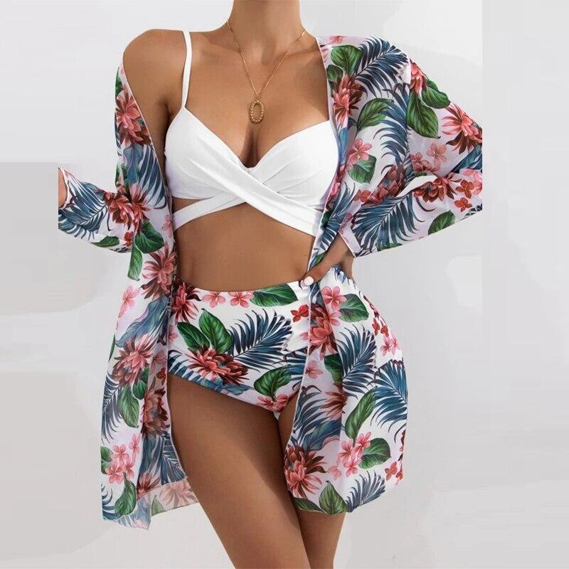 Sexy Three Piece Bikini Sets Women Summer Strap Bra + Cardigan Tops