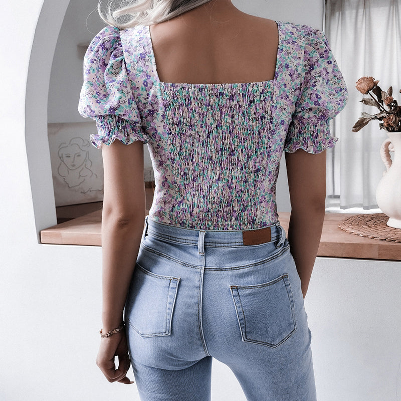 Square Collar Floral Printed Chiffon Tops