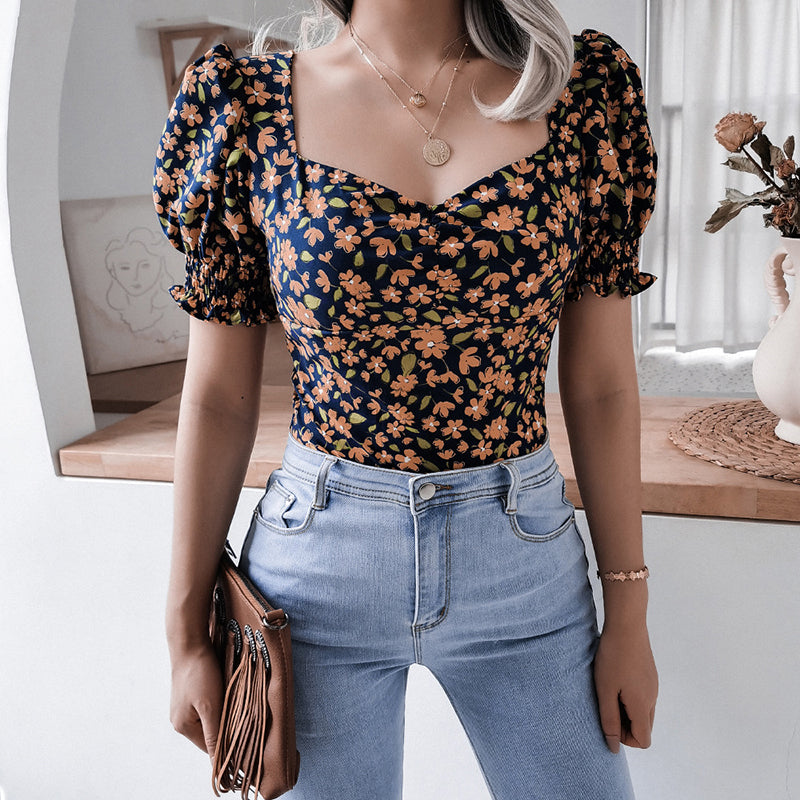 Square Collar Floral Printed Chiffon Tops