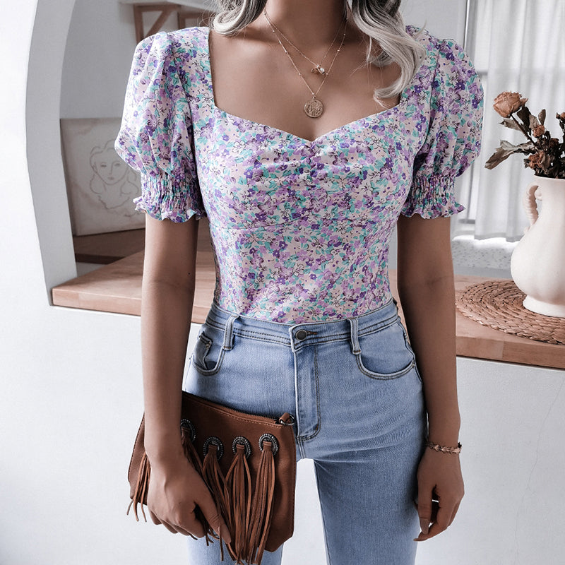 Square Collar Floral Printed Chiffon Tops