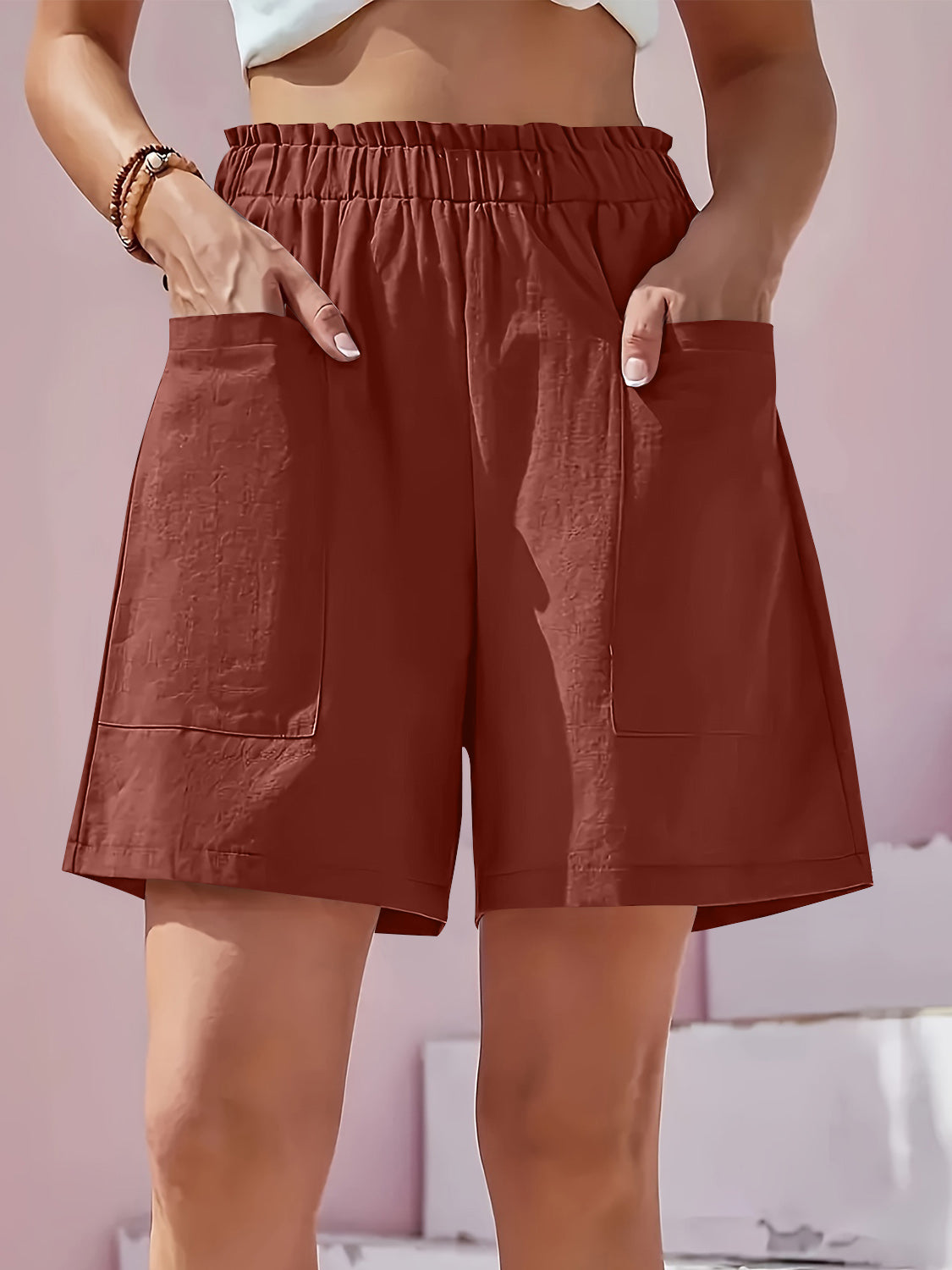 Pocketed Elastic Waist Shorts