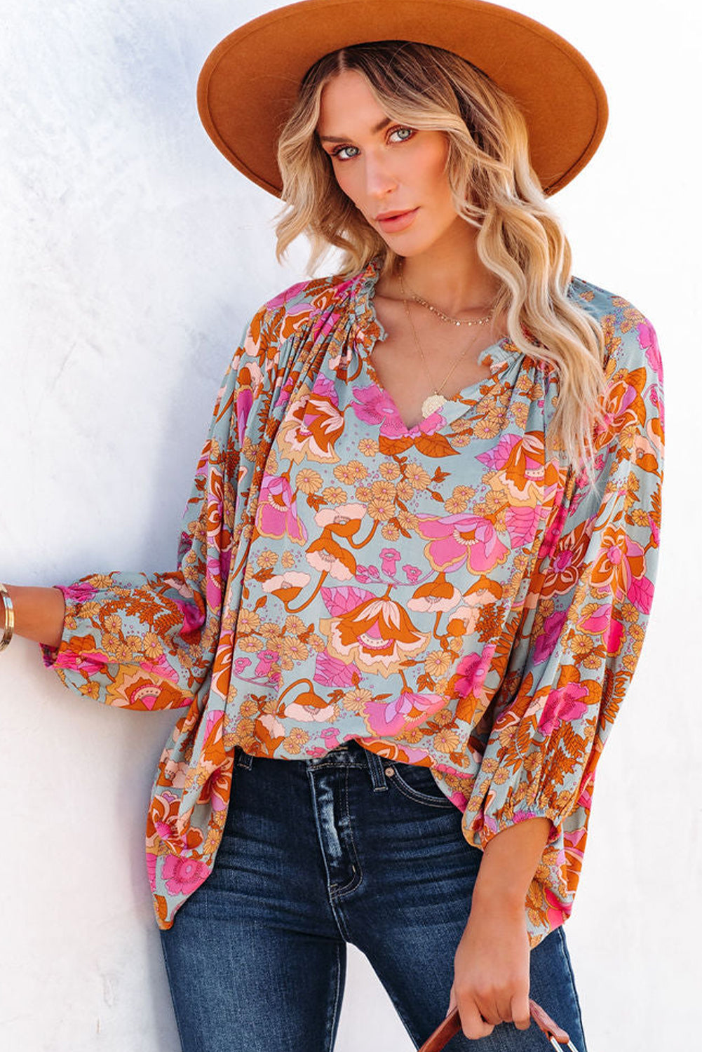 Boho Wide Sleeve Smocked  Floral Tops