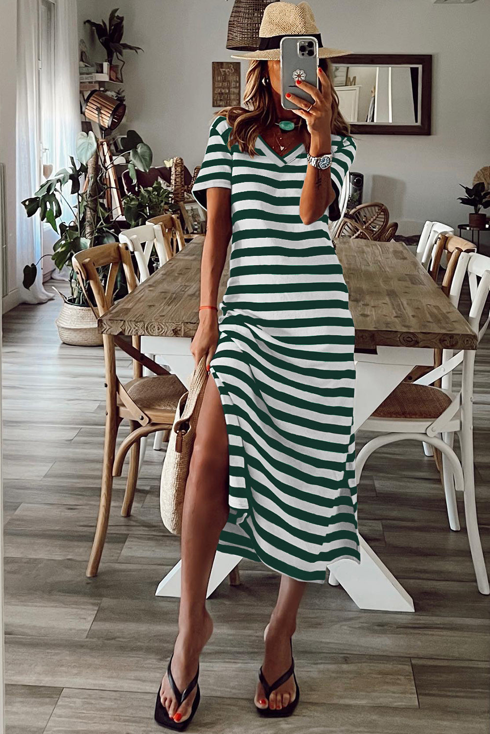 Stripe Print V Neck Maxi Dress with Side Splits