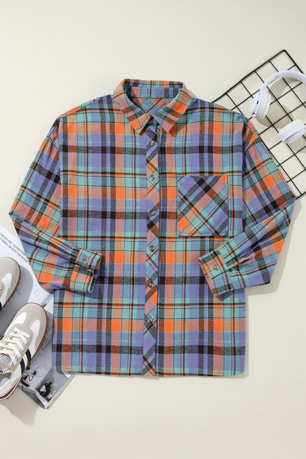 Orange Plaid Print Buttoned Shirt