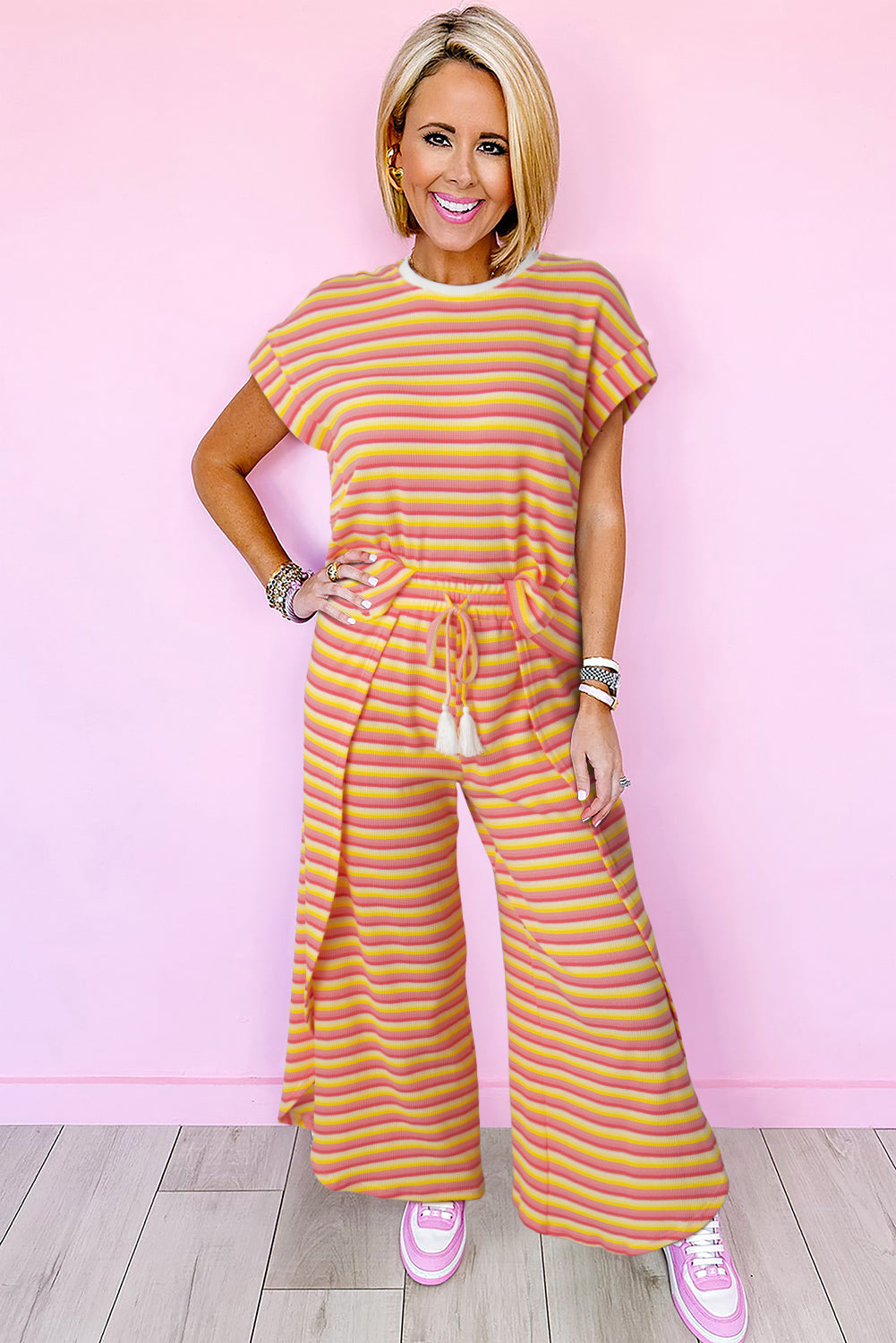 Pink Stripe Rainbow Tee Tasseled String Wide Leg Pants Set