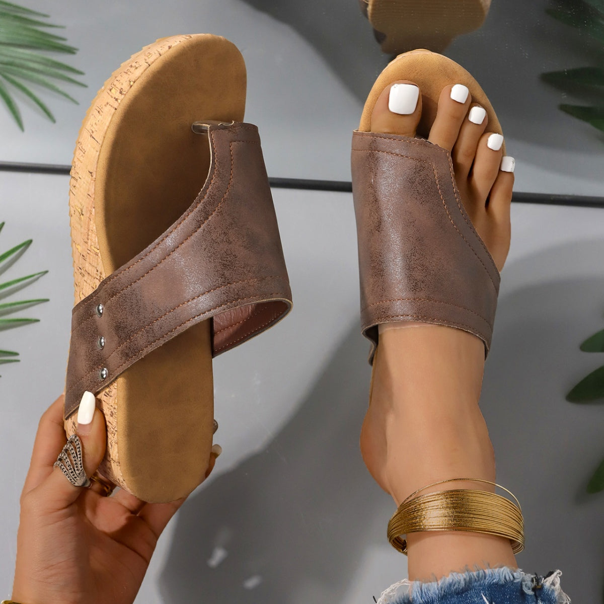 Slip-on Leather Wedge Sandals