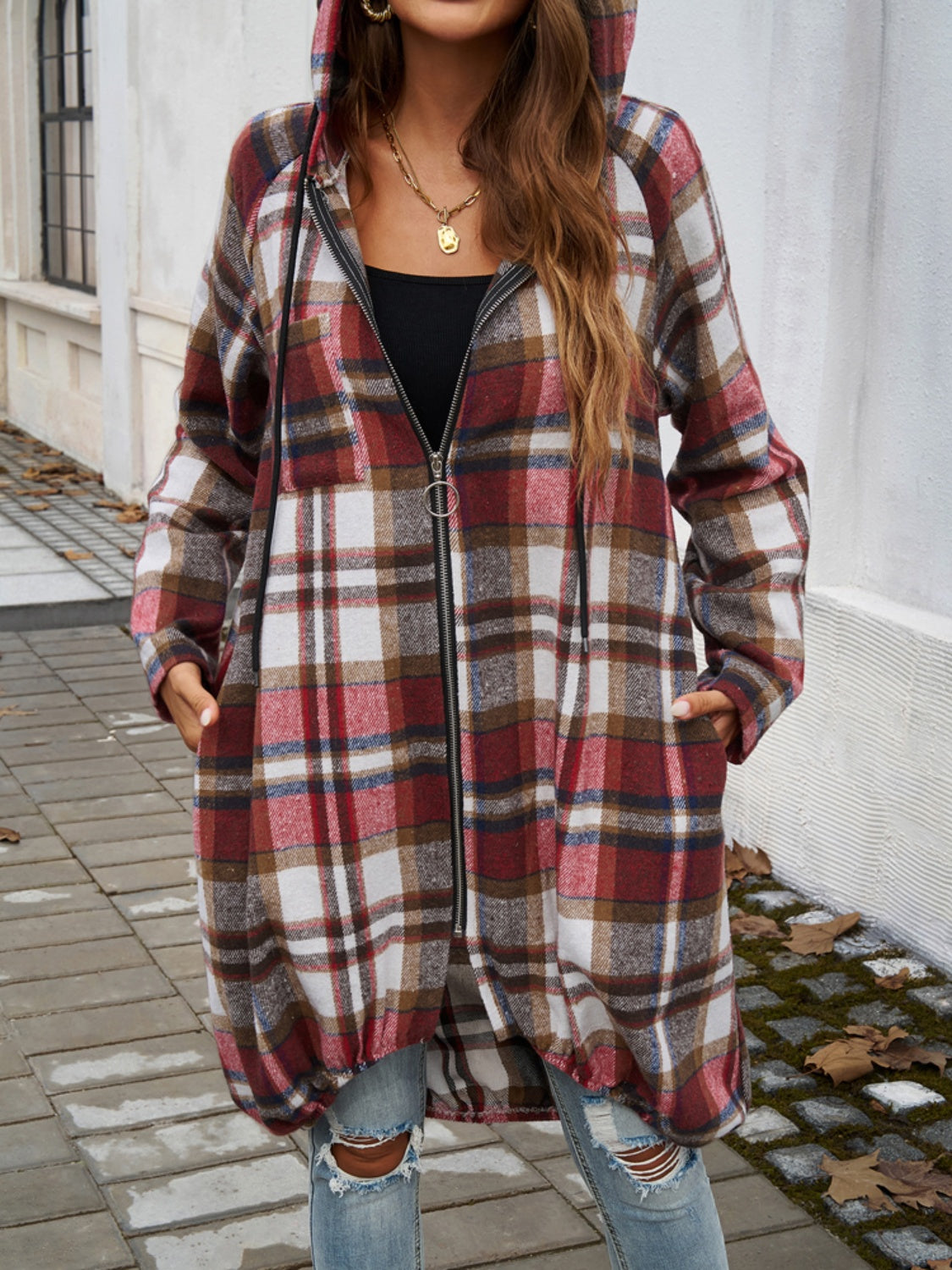 Plaid Zip Up Hooded Mid length Shacked